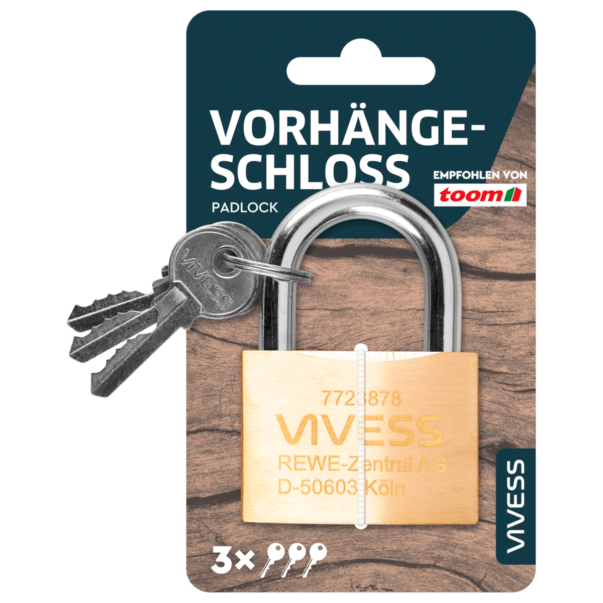 Vivess 50mm brass door latch with 3 steel keys, featuring a steel hinge and chrome plating