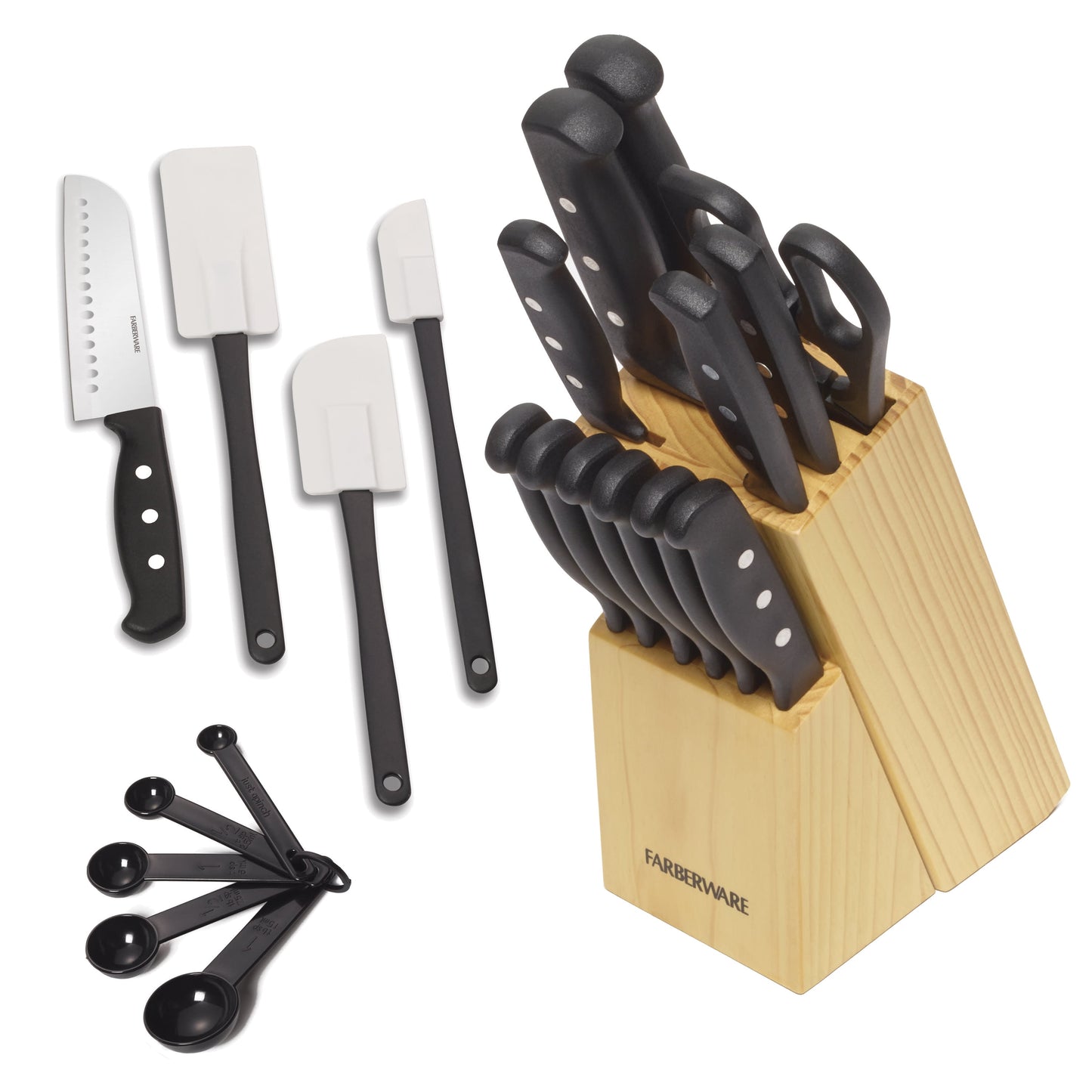 Farberware 22-piece knife set with various knives, measuring spoons, spatulas, and wood storage block