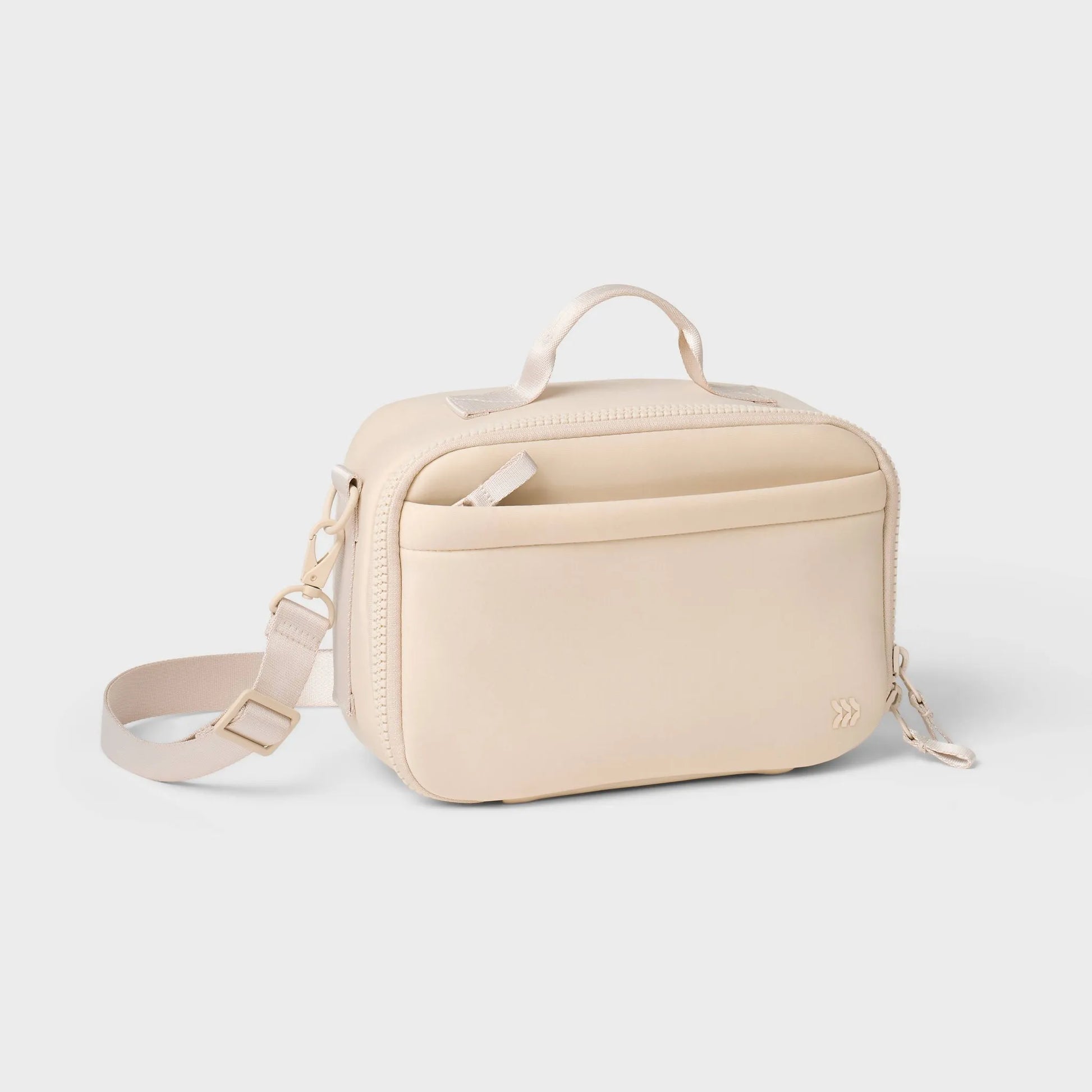 Cream faux neoprene lunch tote with zipper closure and adjustable strap
