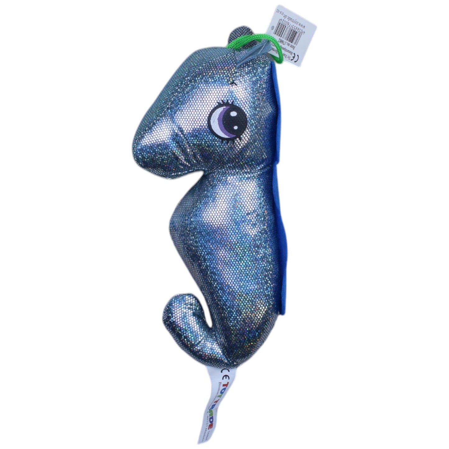 A blue glittery seahorses stuffed animal with a size of 22cm from Toy Trade