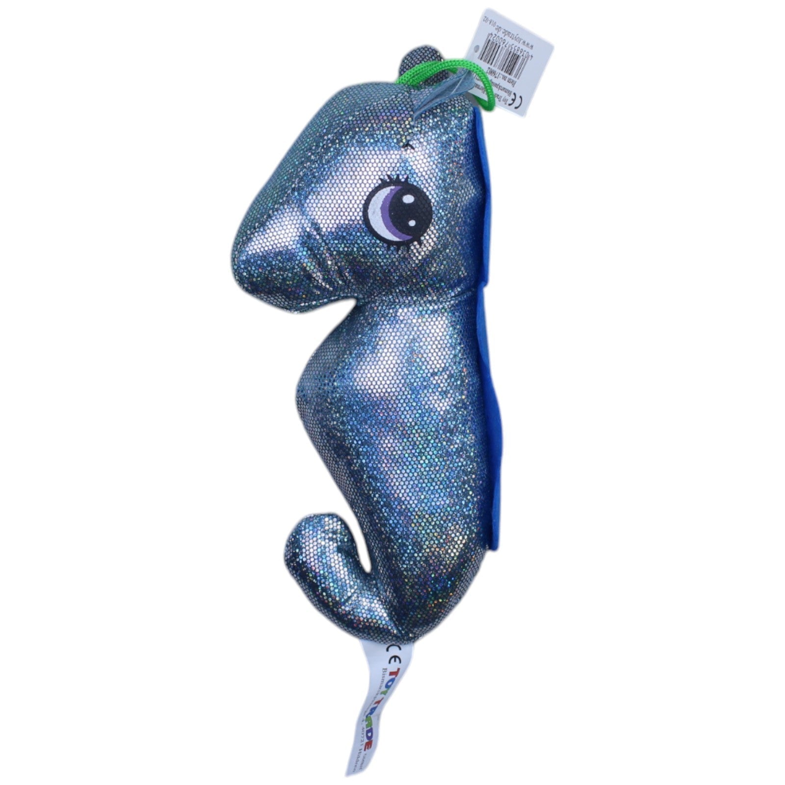 A blue glittery seahorses stuffed animal with a size of 22cm from Toy Trade