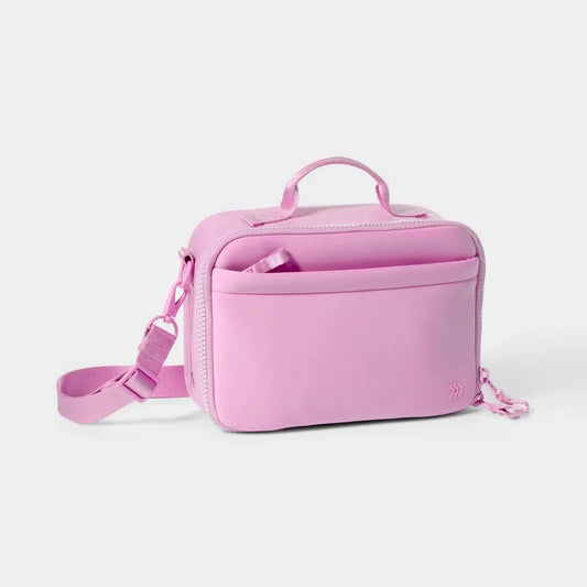 Pink faux neoprene lunch tote with zipper closure and adjustable strap