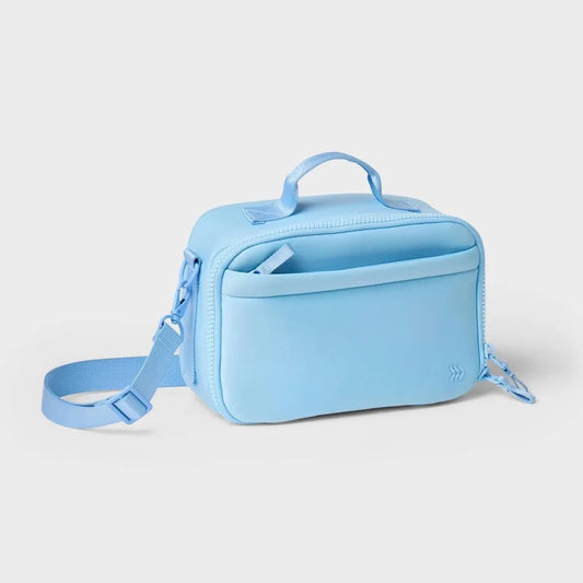 Powder Blue Faux Neoprene Lunch Tote with zipper closure and adjustable strap by All in motion