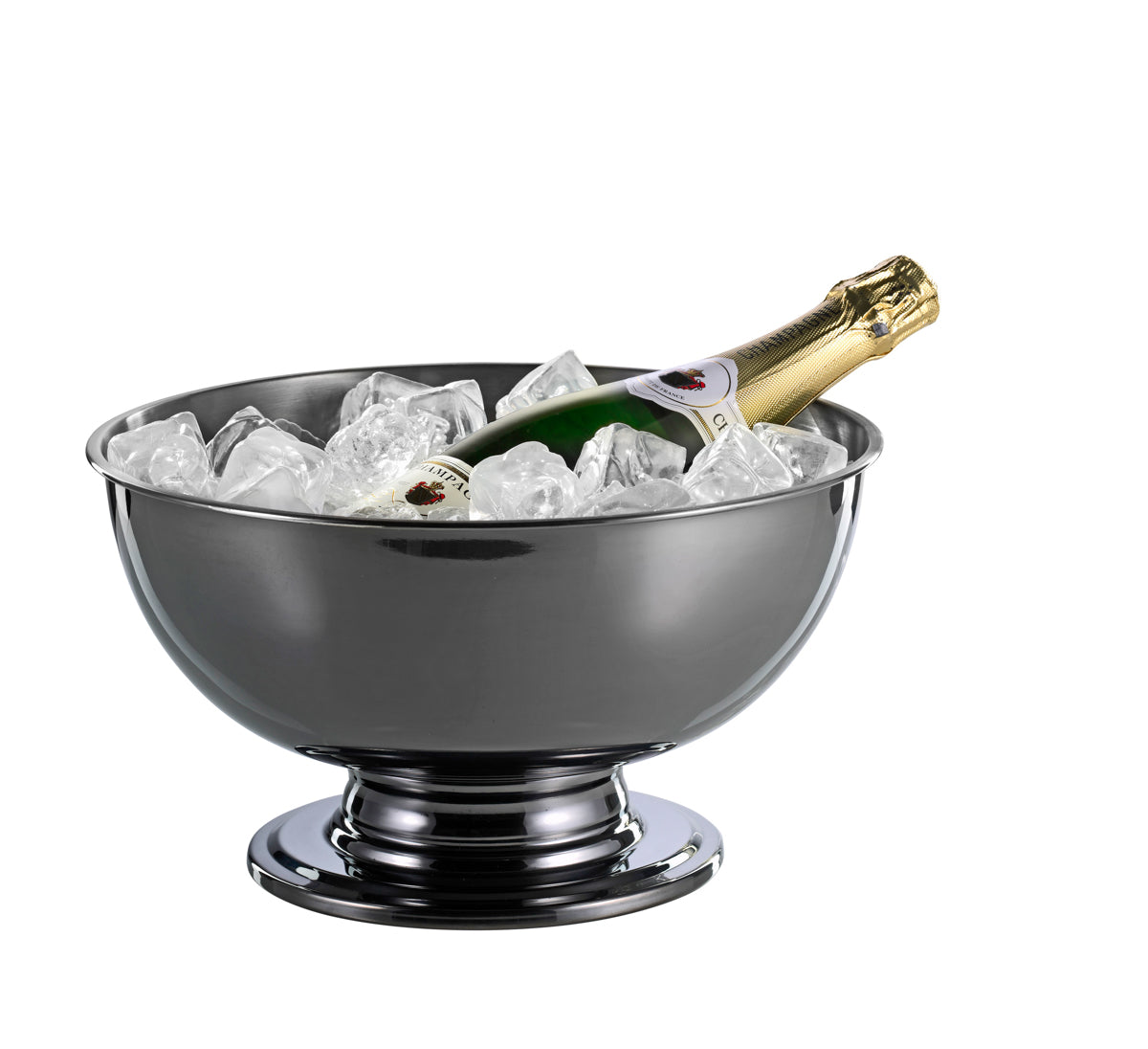 Stainless steel champagne cooler with black PVD coating, elegant and functional