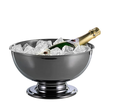 Stainless steel champagne cooler with black PVD coating, elegant and functional