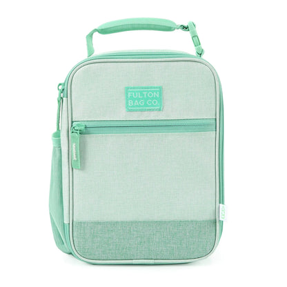 Fulton Bag Co. Surreal Green upright lunch bag with zippered pocket, padded handle, and mesh side pocket