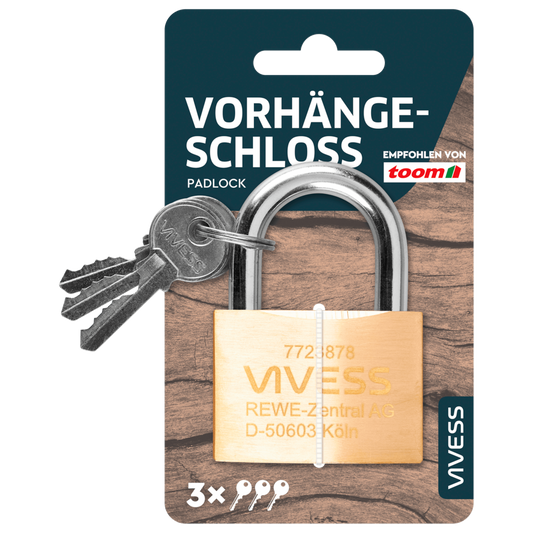 Vivess 50mm brass door latch with 3 steel keys, featuring a steel hinge and chrome plating