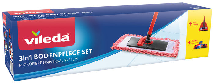 Vileda 3-in-1 Floor Cleaning Set with dustpan, brush, mop head, and mop cover