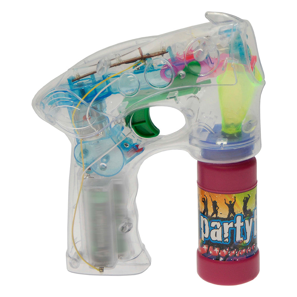 LED Soap Bubble Gun with transparent soap solution and batteries included