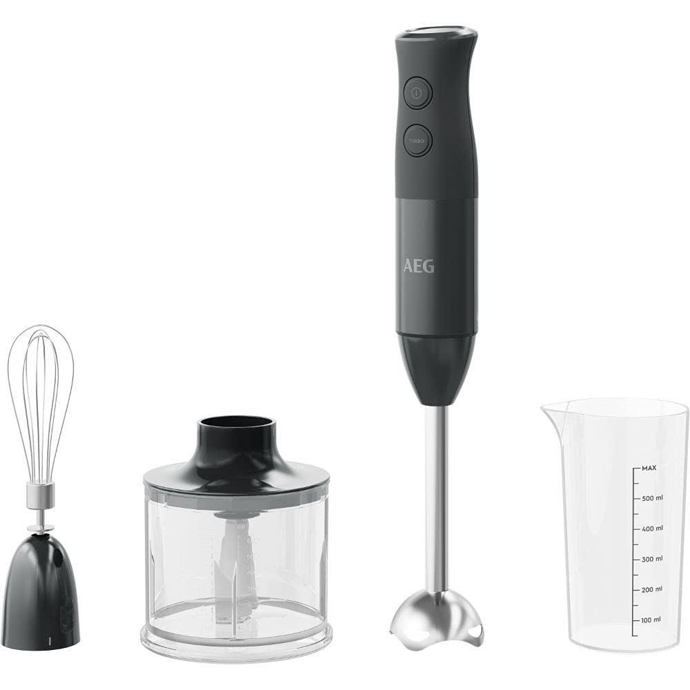 AEG HB4-1-6GG Hand Blender with stainless steel blades and accessories in granite grey