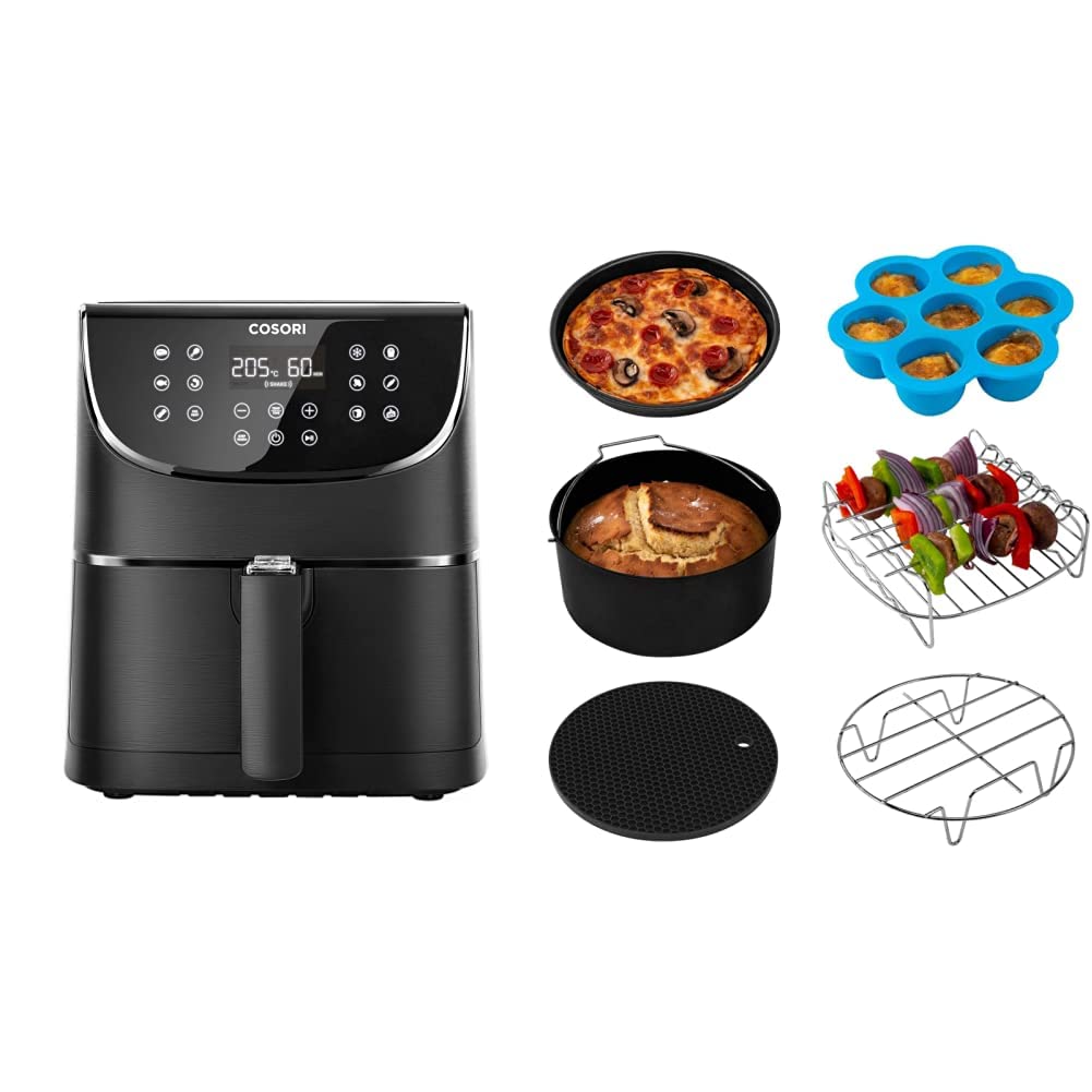 Cosori XXL 5.5L air fryer with 100 recipes cookbook and 6-piece accessory set for oil-free cooking