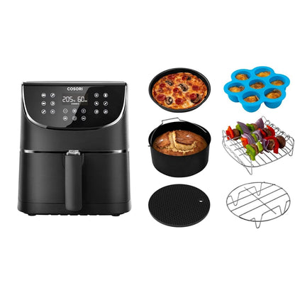 Cosori XXL 5.5L air fryer with 100 recipes cookbook and 6-piece accessory set for oil-free cooking