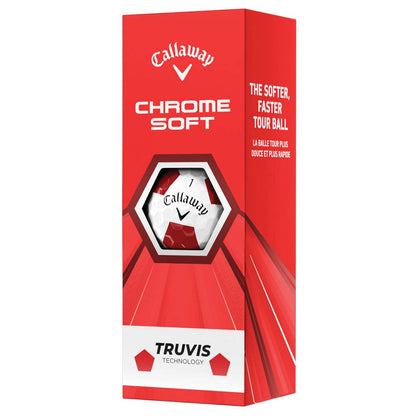 Callaway Chrome Soft 2020 Truvis Red/White golf balls on a green grass background