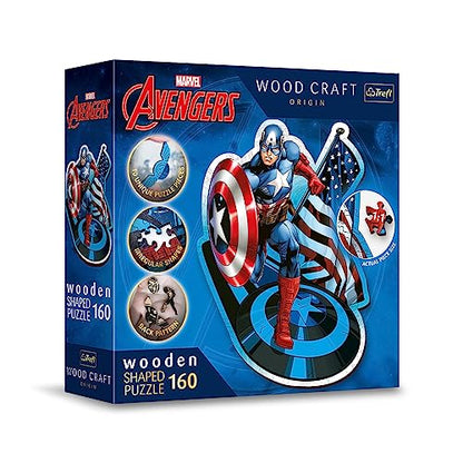 Trefl 160 Wooden Shaped Puzzle: Fearless Captain America/Disney Marvel Heroes