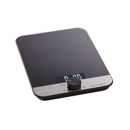 KitchenAid digital glass top kitchen scale with a black color and 5000g/5000ml capacity