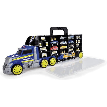 Dickie Toys Police Transporter Toy Truck with 9 Cars, featuring a large police truck and multiple toy cars