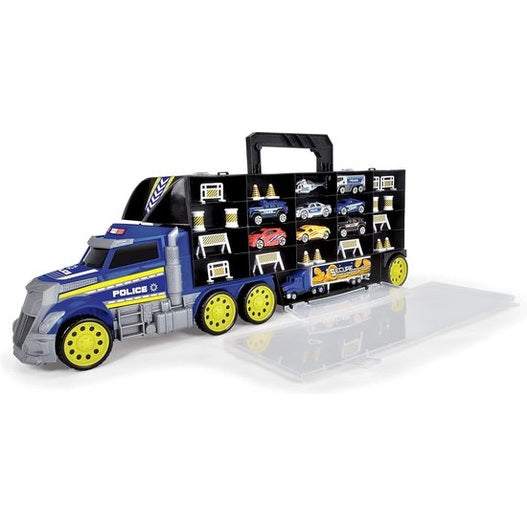 Dickie Toys Police Transporter Toy Truck with 9 Cars, featuring a large police truck and multiple toy cars