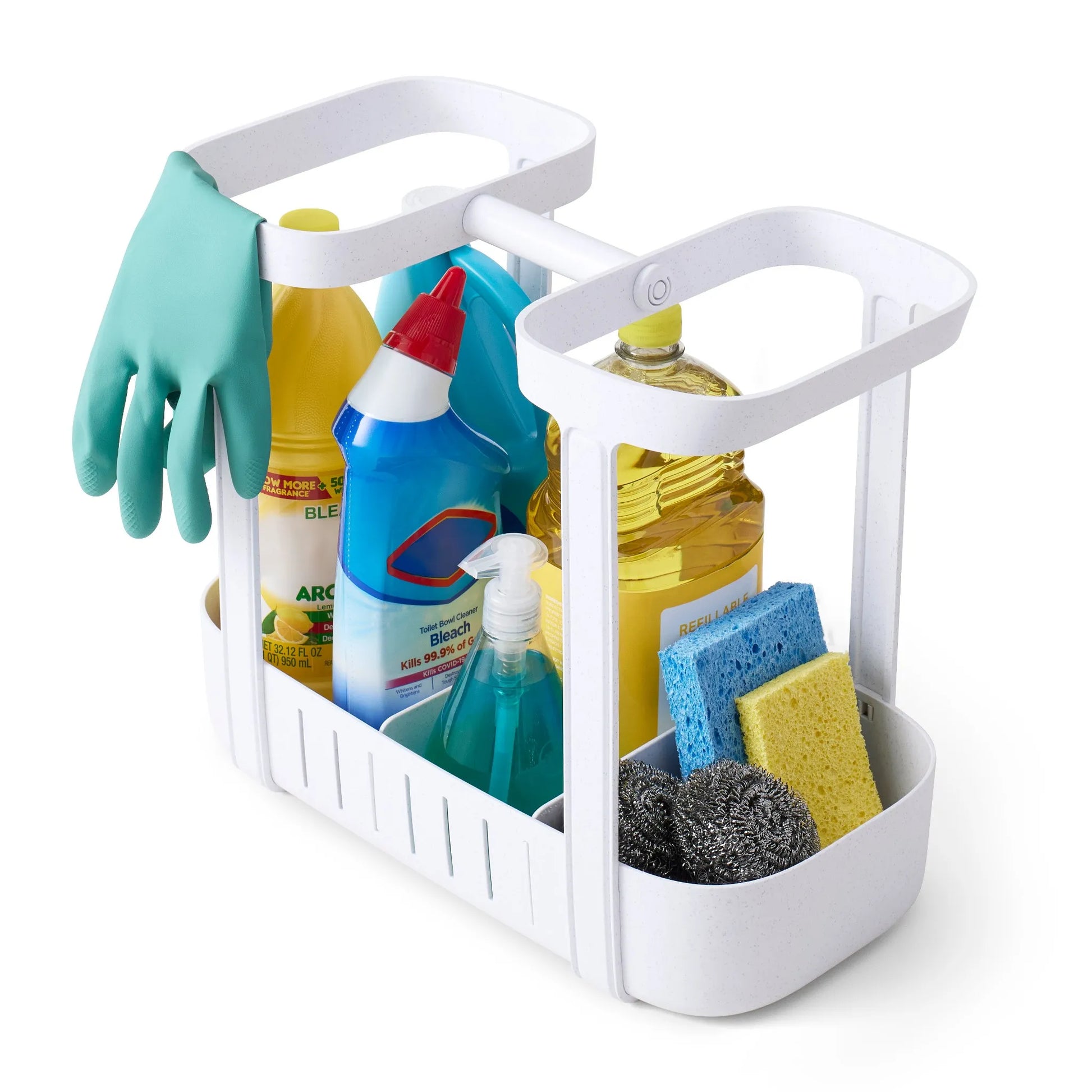 YouCopia SinkSuite Cleaning Caddy with sturdy center handle and hanging loops for spray bottles and cloths