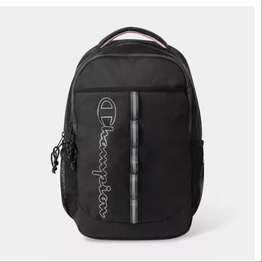 Champion Center Backpack with contoured padded straps, mesh pockets, and reflective chain