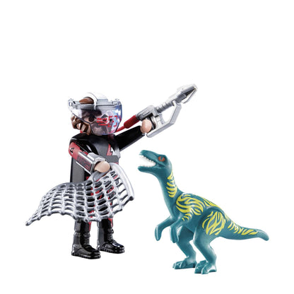 PLAYMOBIL Dinos Duo Pack with a raptor, figure, net, and weapon