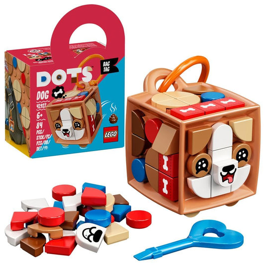 LEGO DOTS Bag Tag Dog kit with colorful tiles and a dog-themed design