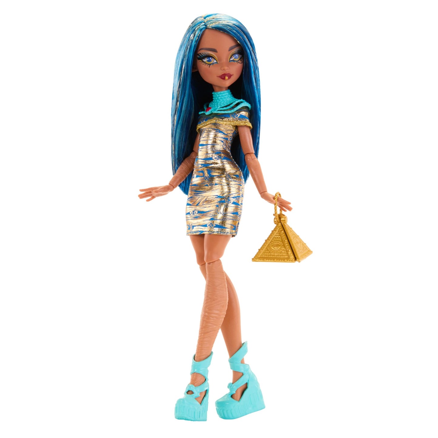 Monster High Cleo doll in golden mummy mini dress with accessories and pyramid bag