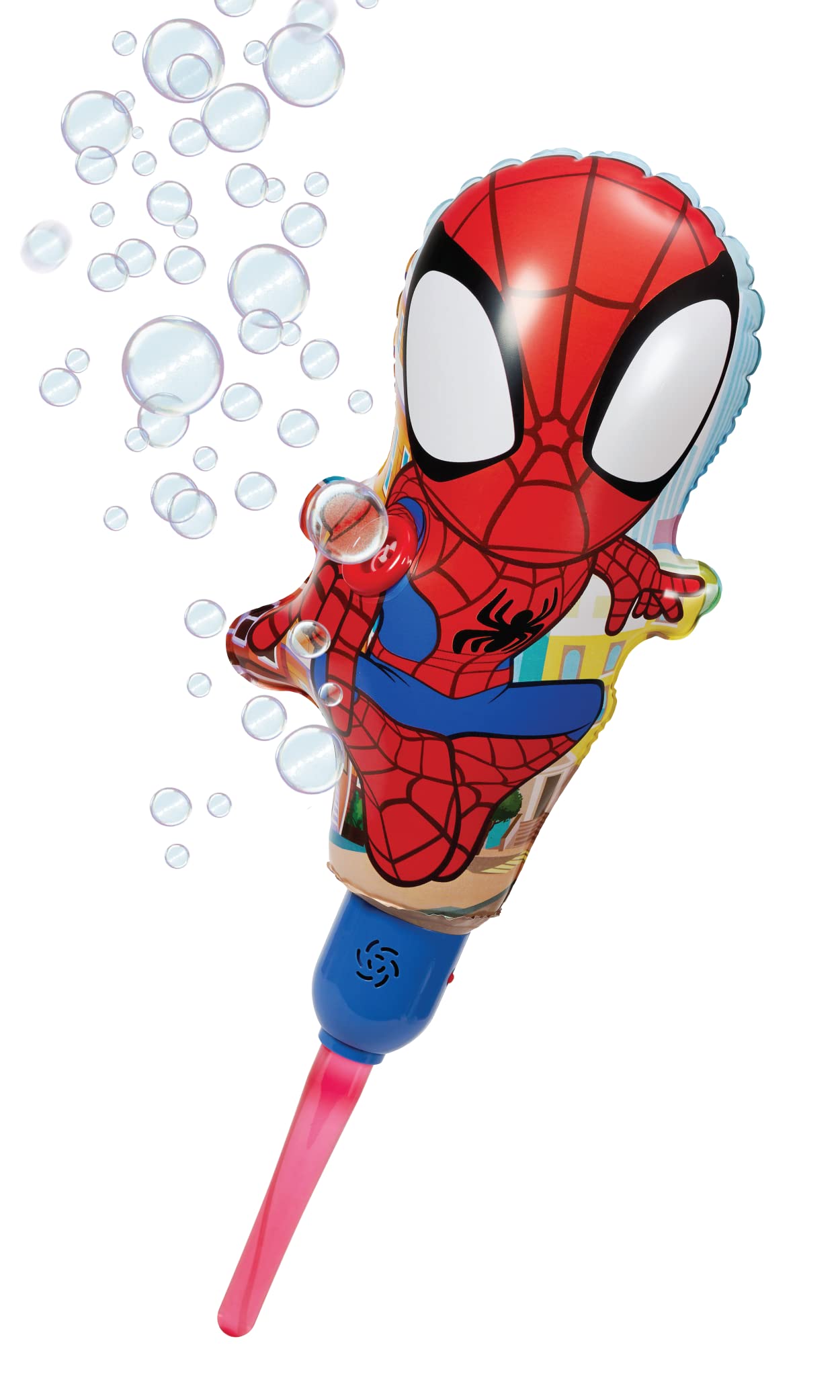 Spider-Man themed inflatable bubble machine with stand and bubble solution