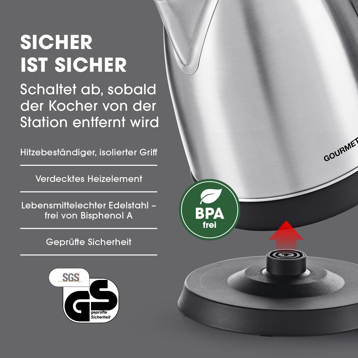 GOURMETmaxx Stainless Steel Kettle with 360° Base and Shut-Off Function