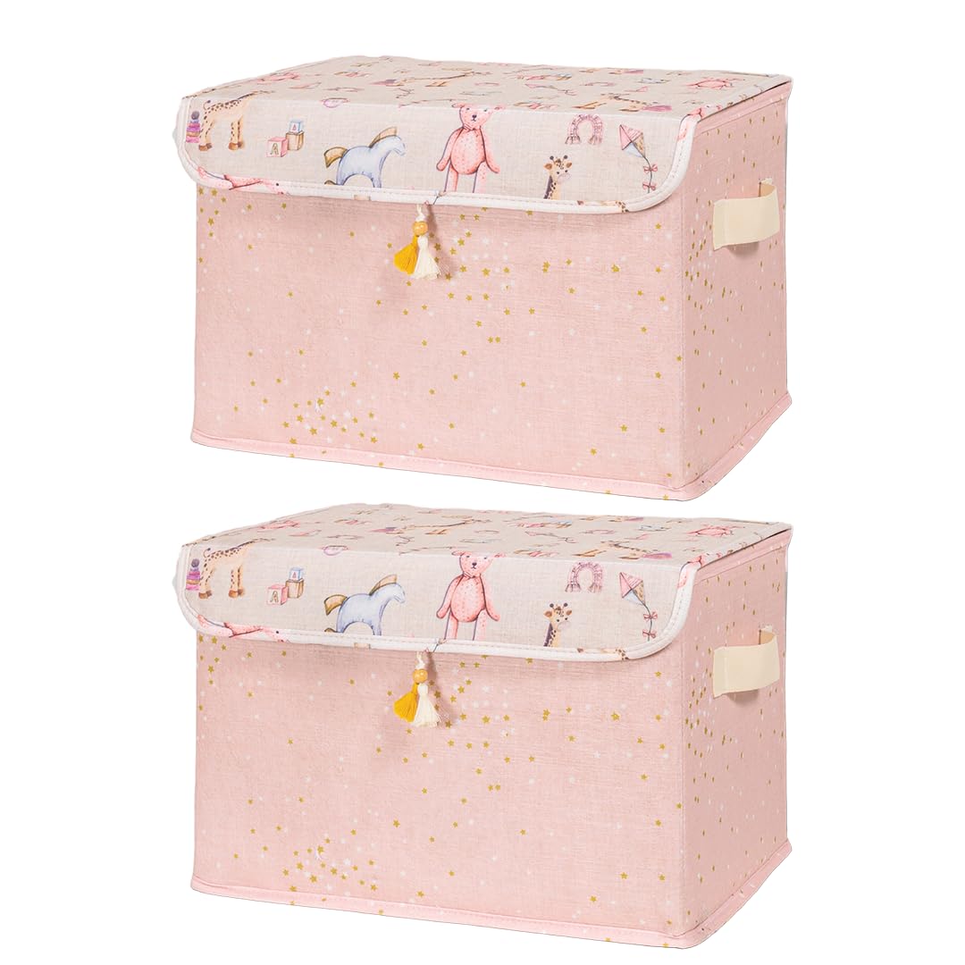 Foldable storage bin cube organizer with flip-top lid and handles, pink