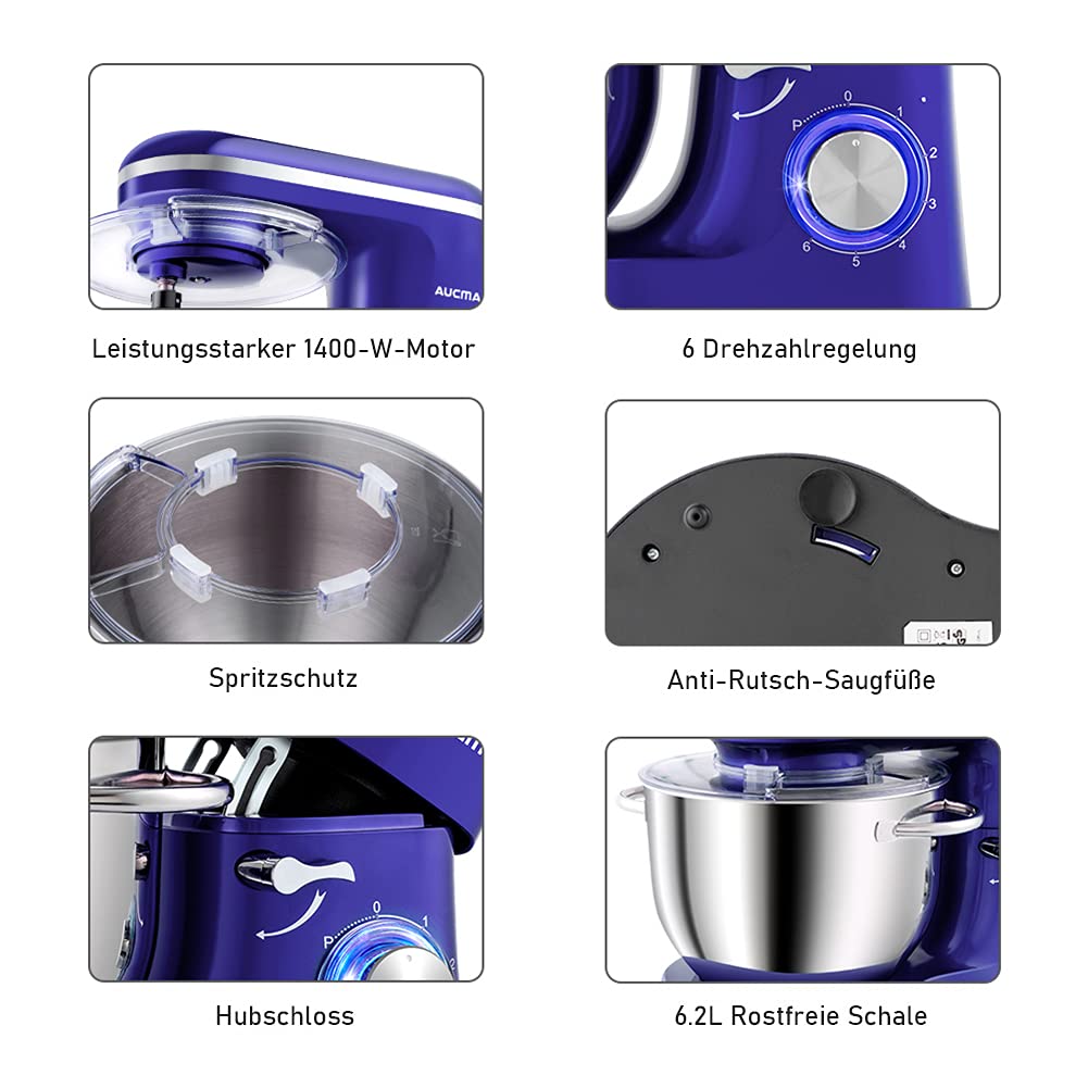 Aucma 1400W Food Processor with 6.2L Stainless Steel Bowl