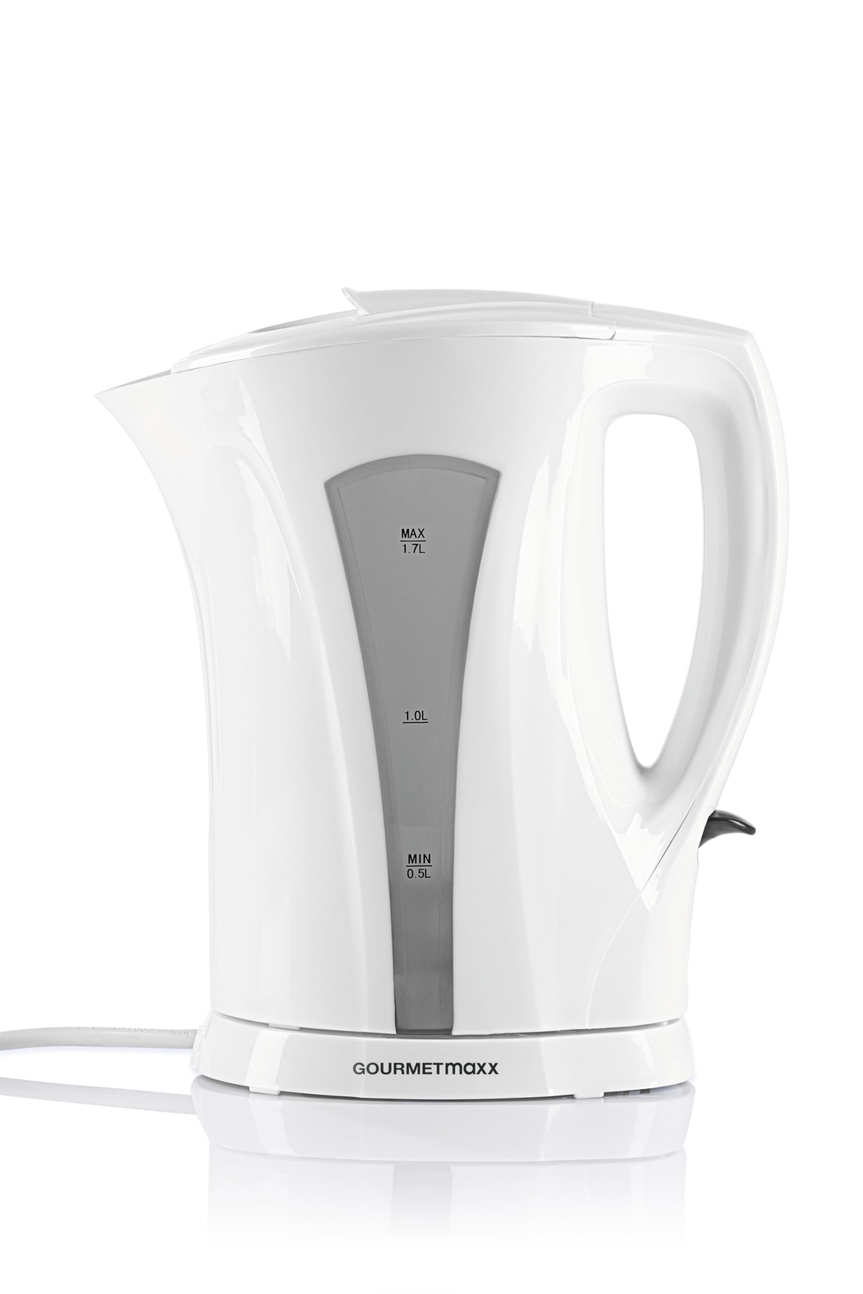 GOURMETmaxx 1.7L kettle in white and grey with a water level indicator and automatic shut-off feature