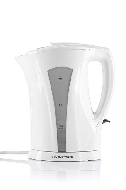 GOURMETmaxx 1.7L kettle in white and grey with a water level indicator and automatic shut-off feature