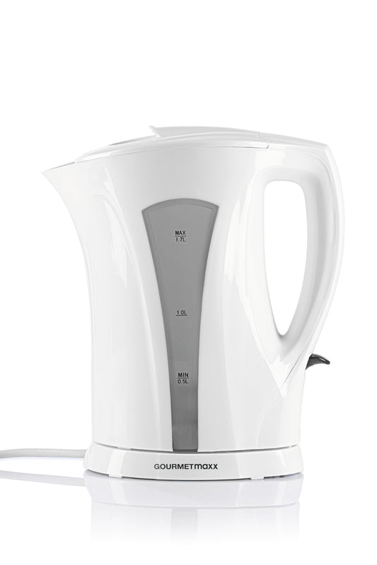 GOURMETmaxx 1.7L kettle in white and grey with a water level indicator and automatic shut-off feature