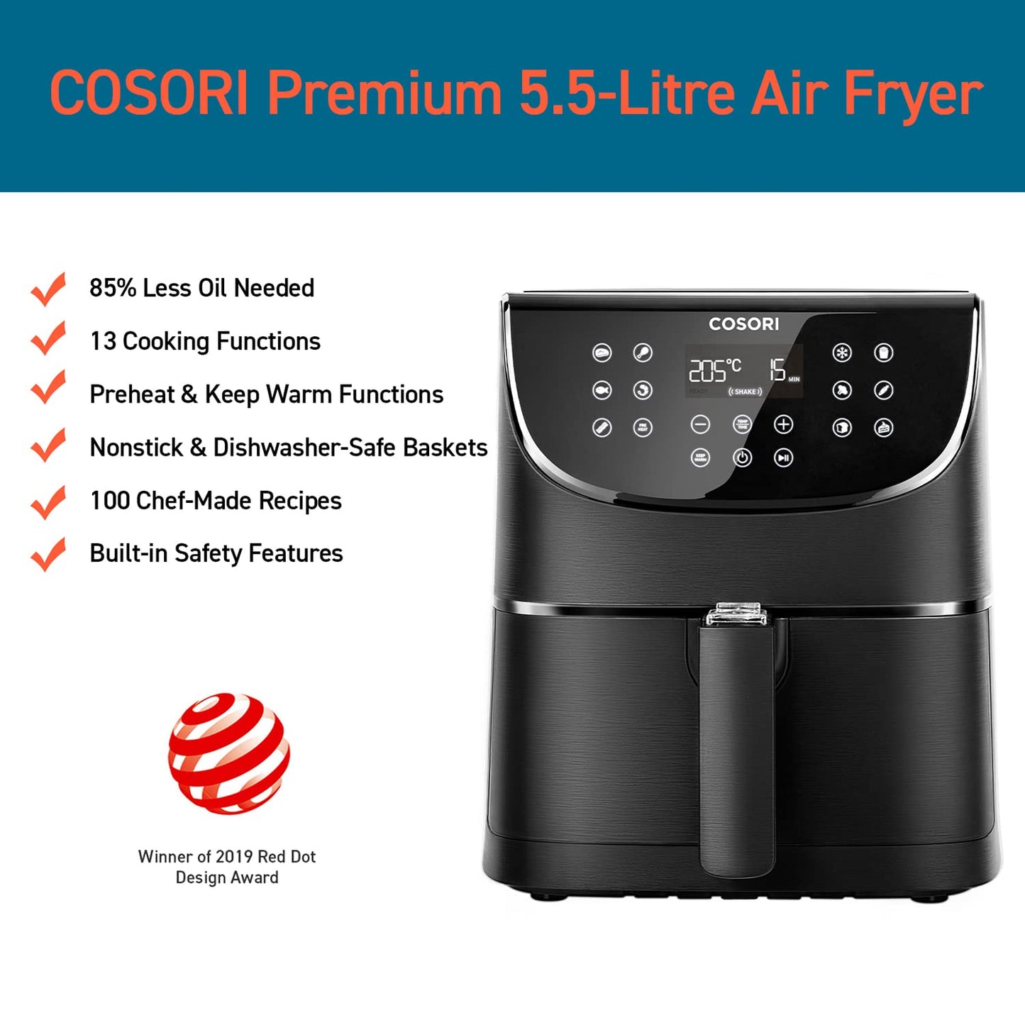 Cosori XXL 5.5L Air Fryer with 100 Recipes and Accessory Set