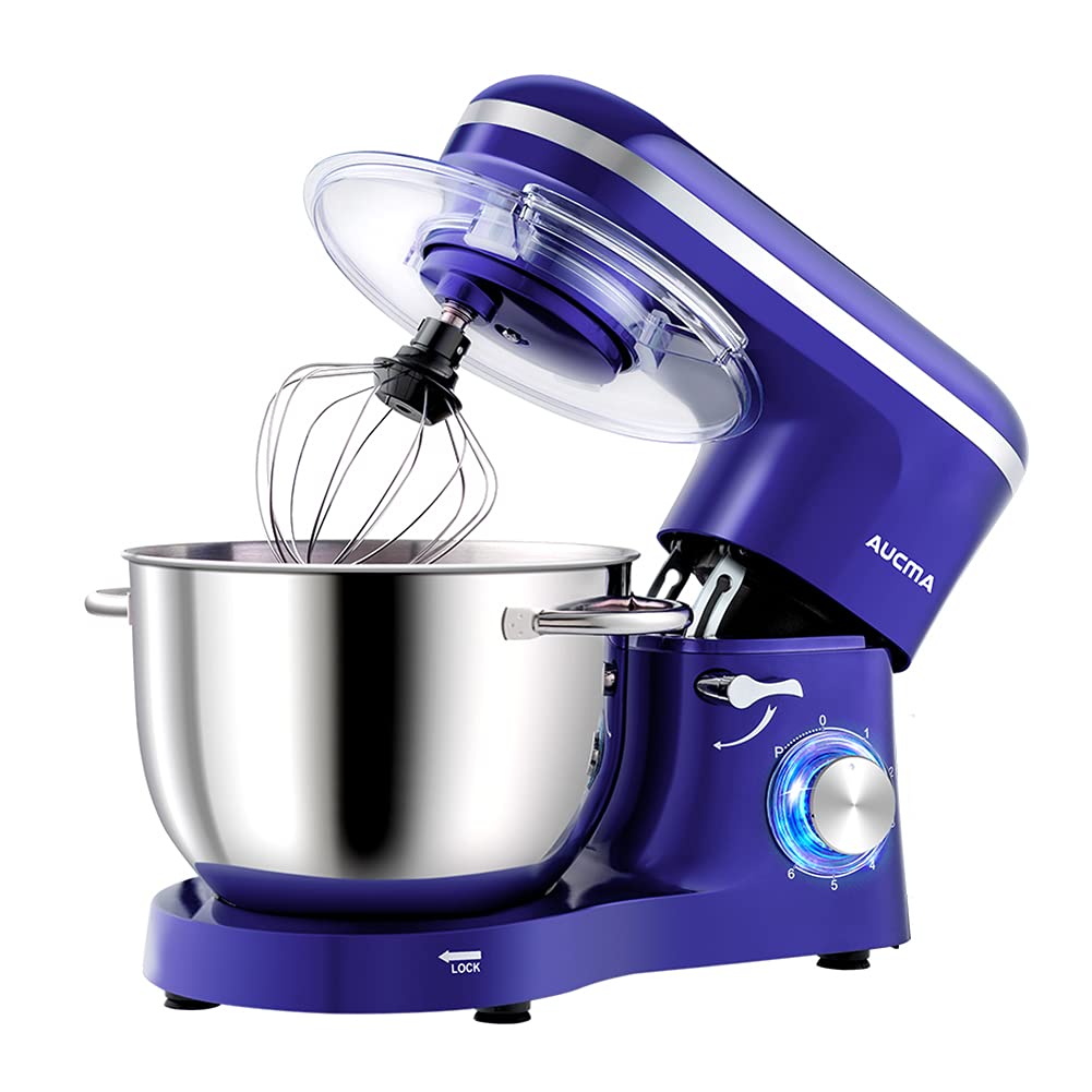 Aucma food processor with a large 6.2L stainless steel bowl, whisk, dough hook, and splash guard