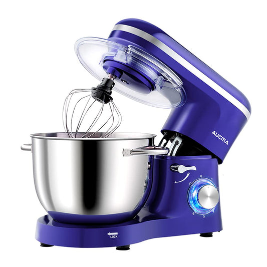 Aucma food processor with a large 6.2L stainless steel bowl, whisk, dough hook, and splash guard