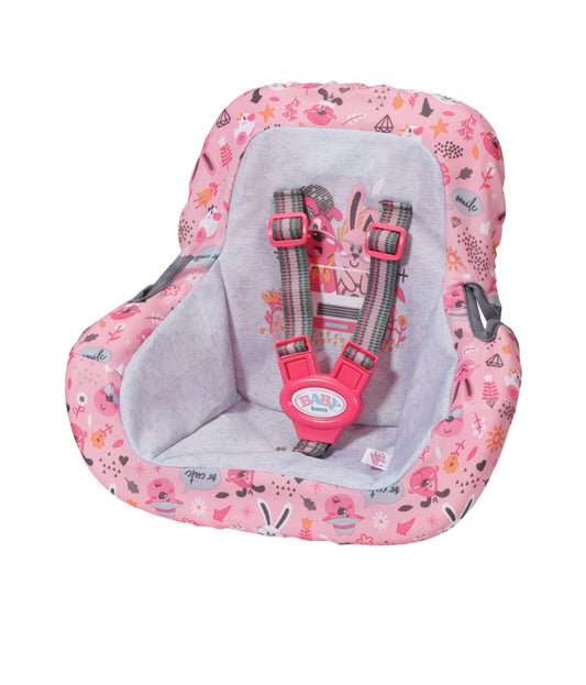 BABY born car seat with pink and grey fabric cover and seat belt for dolls