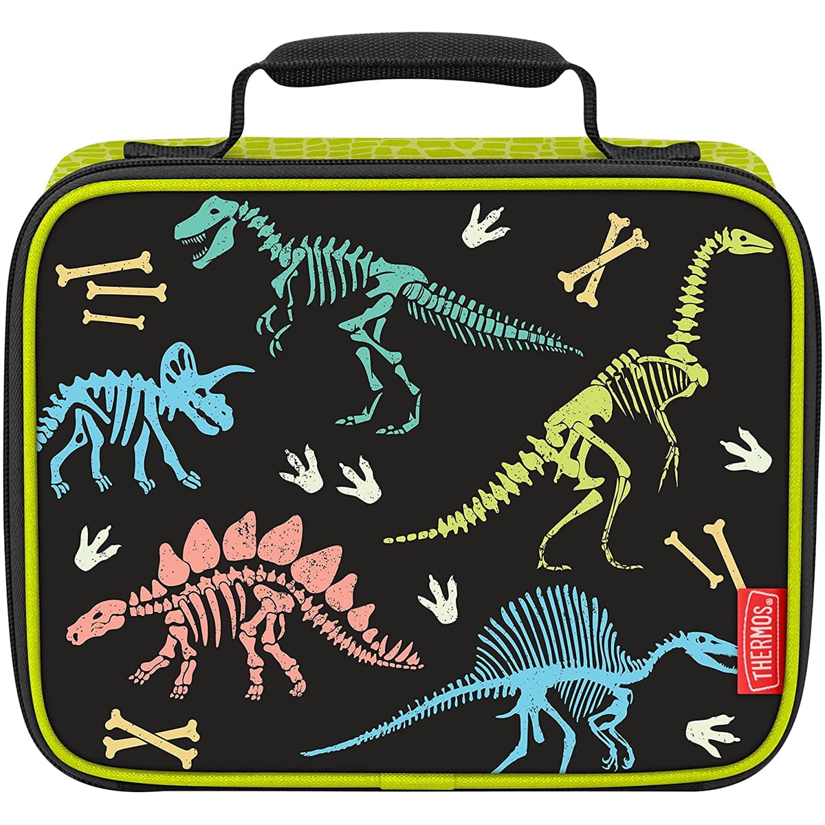 Insulated kids lunch box featuring a fun dinosaur print