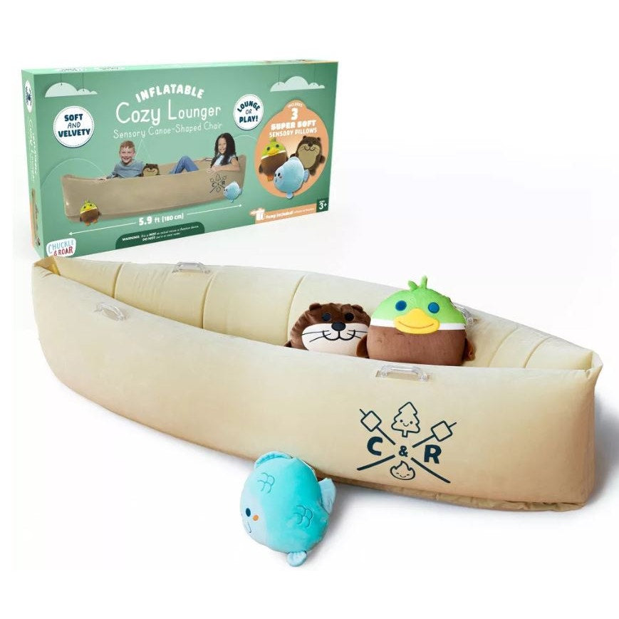 Canoe-shaped inflatable lounger with soft velvety material and three animal pillows
