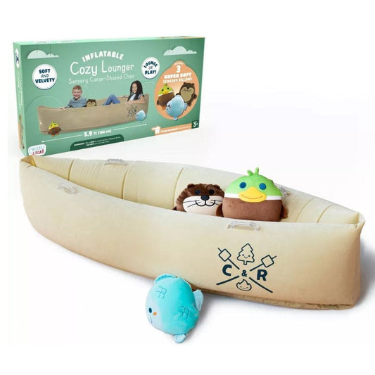 Canoe-shaped inflatable lounger with soft velvety material and three animal pillows