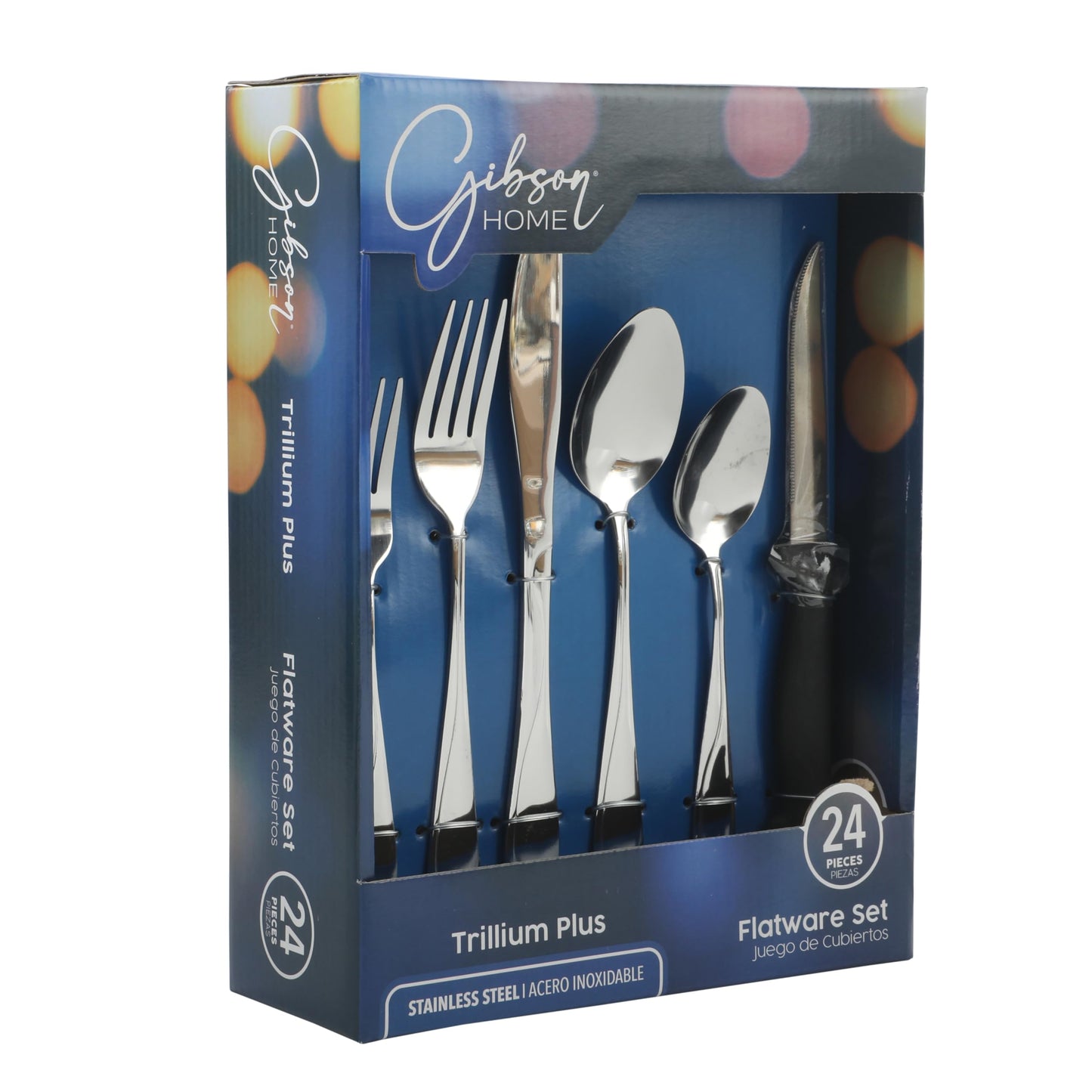 Gibson Home Trillium Plus 24-Piece Stainless Steel Flatware Set with steak knives and teardrop handle design