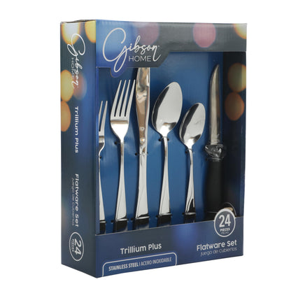 Gibson Home Trillium Plus 24-Piece Stainless Steel Flatware Set with steak knives and teardrop handle design