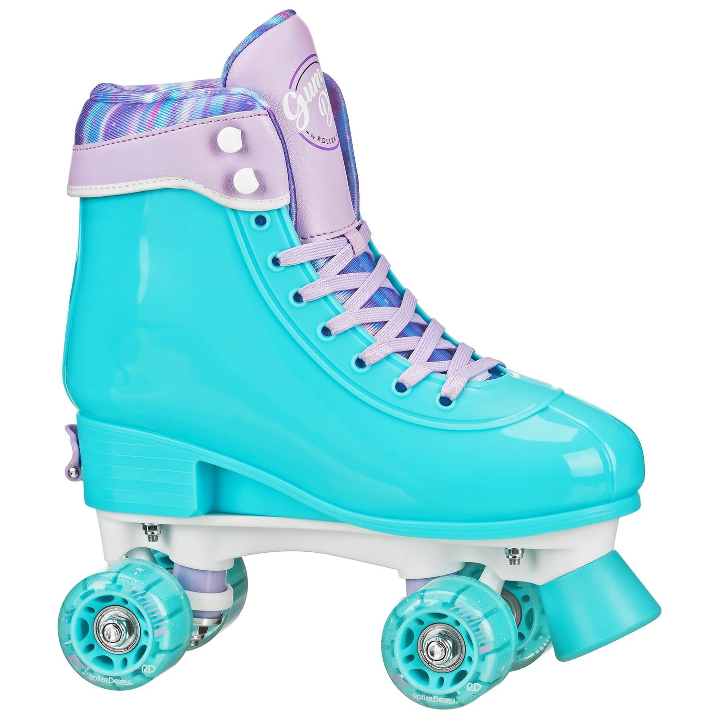 Roller Derby Gumdrop Kids' Adjustable Quad Skates in a mint color with striped pattern