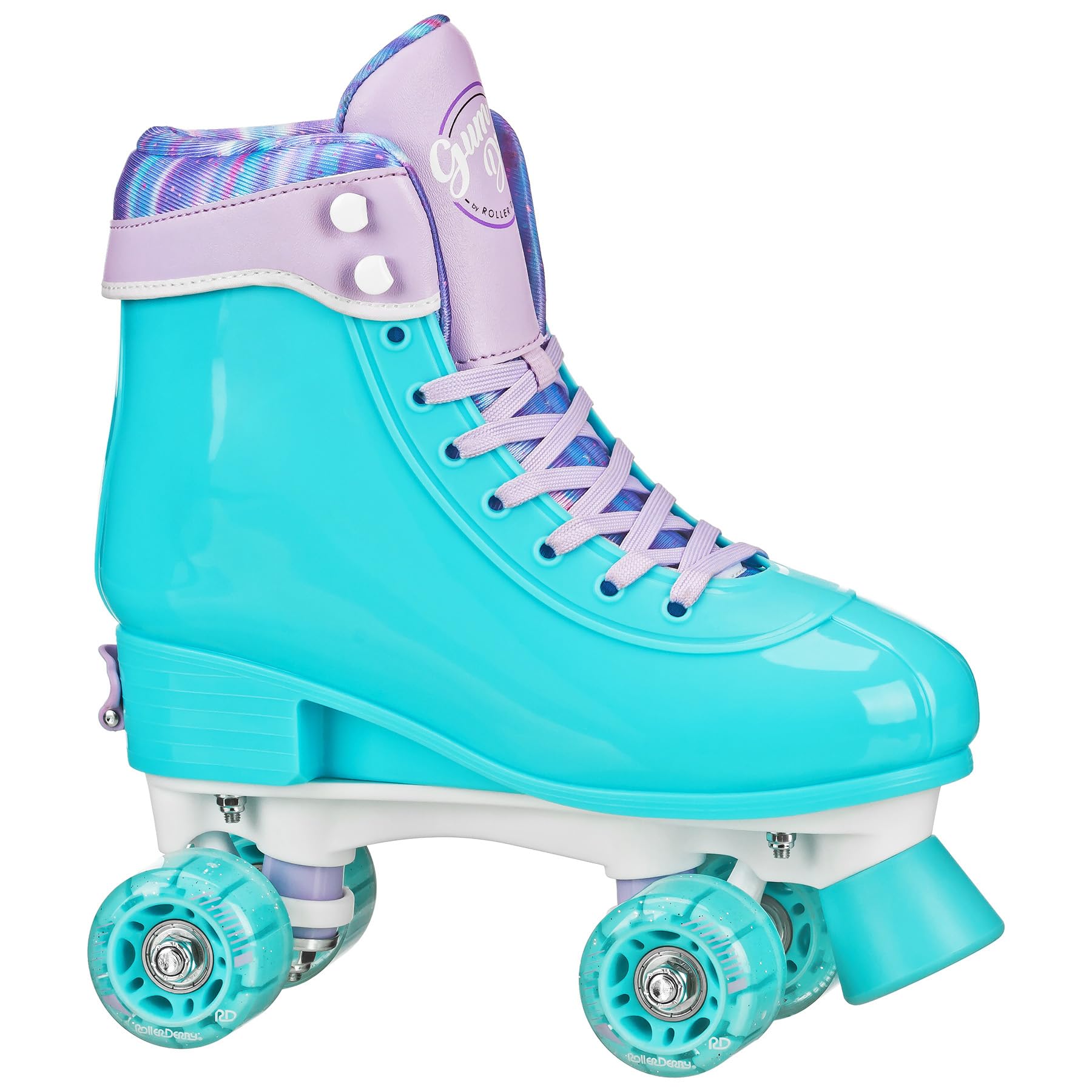 Roller Derby Gumdrop Kids' Adjustable Quad Skates in a mint color with striped pattern