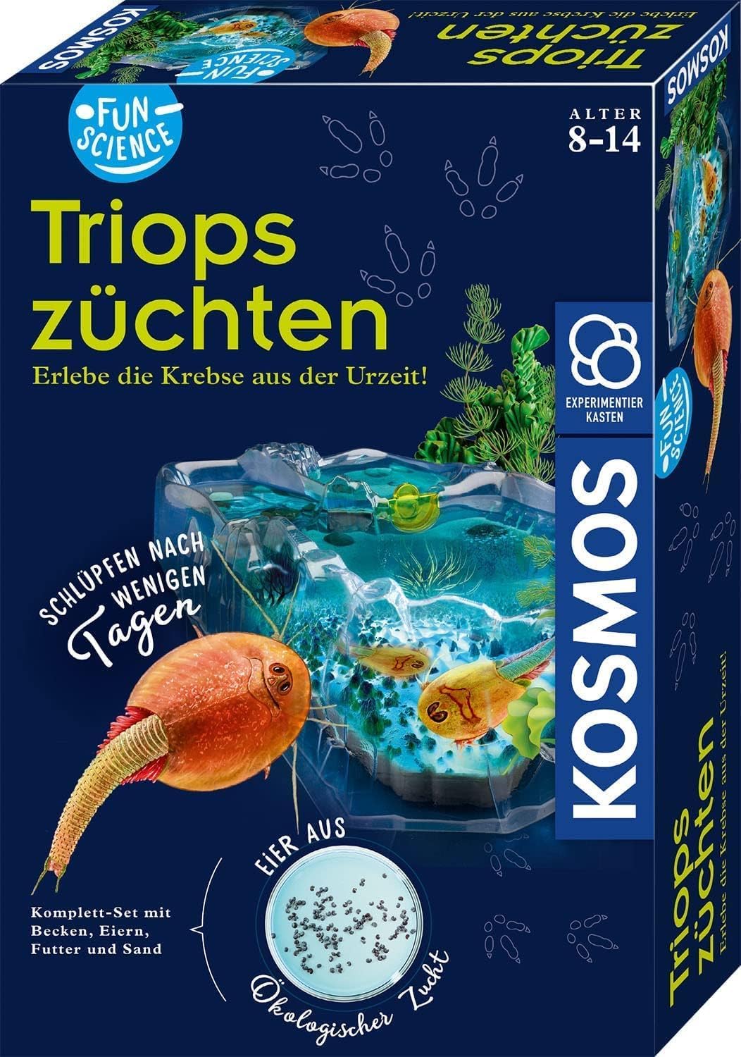 Kosmos Triops Breeding Kit with basin, eggs, food, and instructions for a hands-on science experience