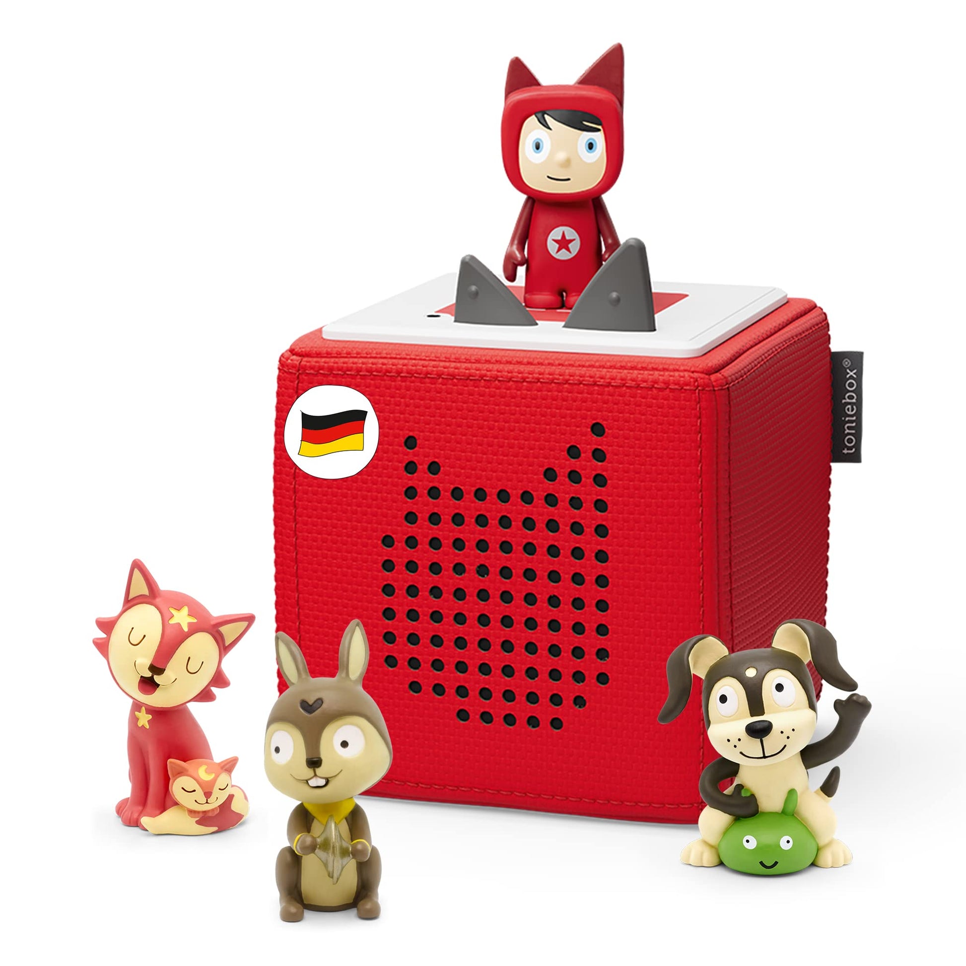tonies Toniebox Extra Pack with red Toniebox, Creative Tonie, and 3 colorful music Tonies