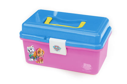 Paw Patrol youth tackle box in pink and turquoise with a removable tray and easy snap lock