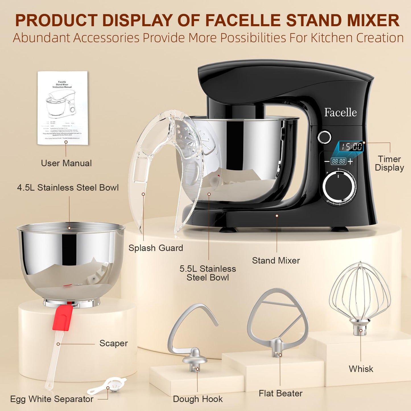 Facelle 1500W Food Processor with 5.5L and 4.5L Stainless Steel Bowls