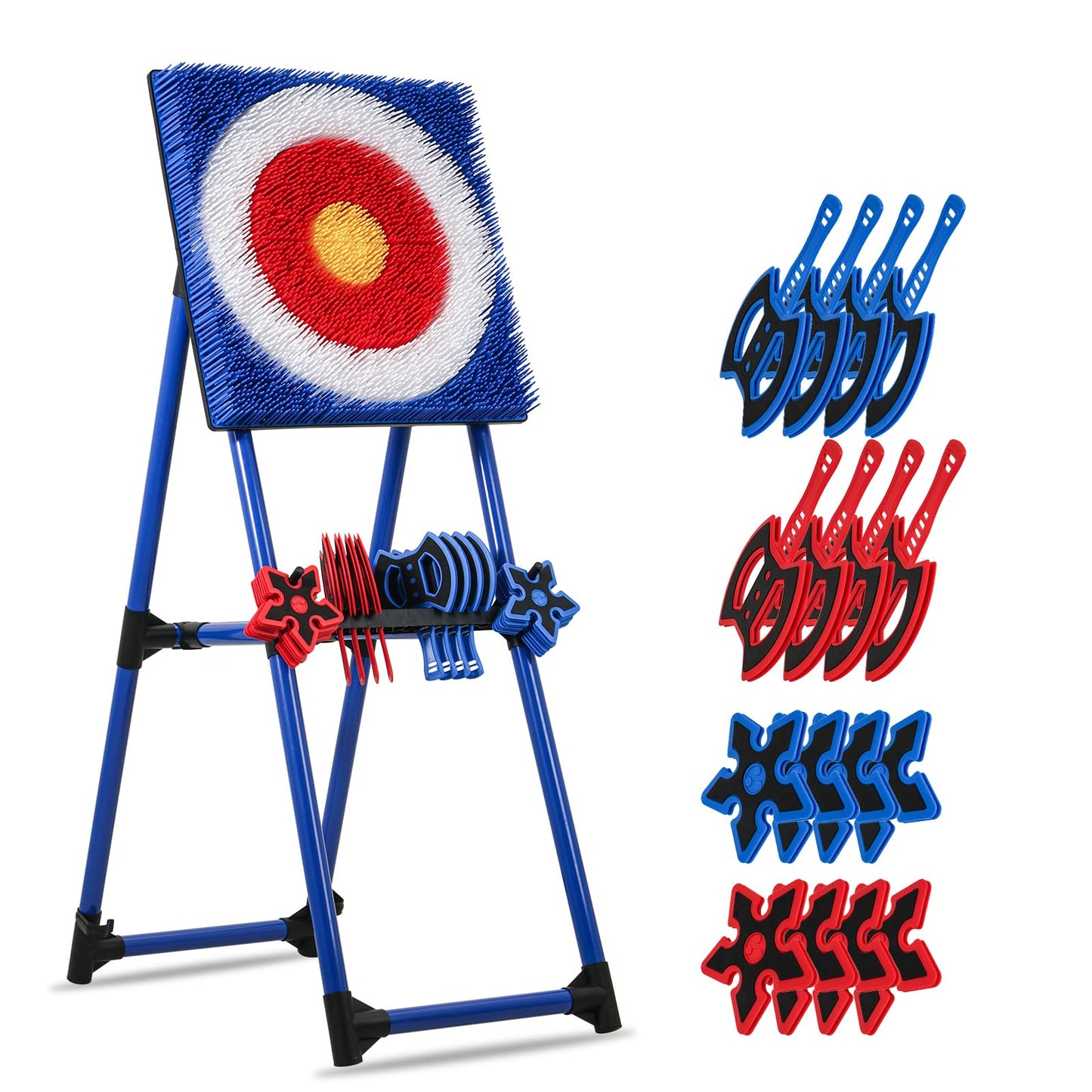KAINOKAI 8-Piece Axe Throwing Set with adjustable bristle target, featuring vibrant colored axes