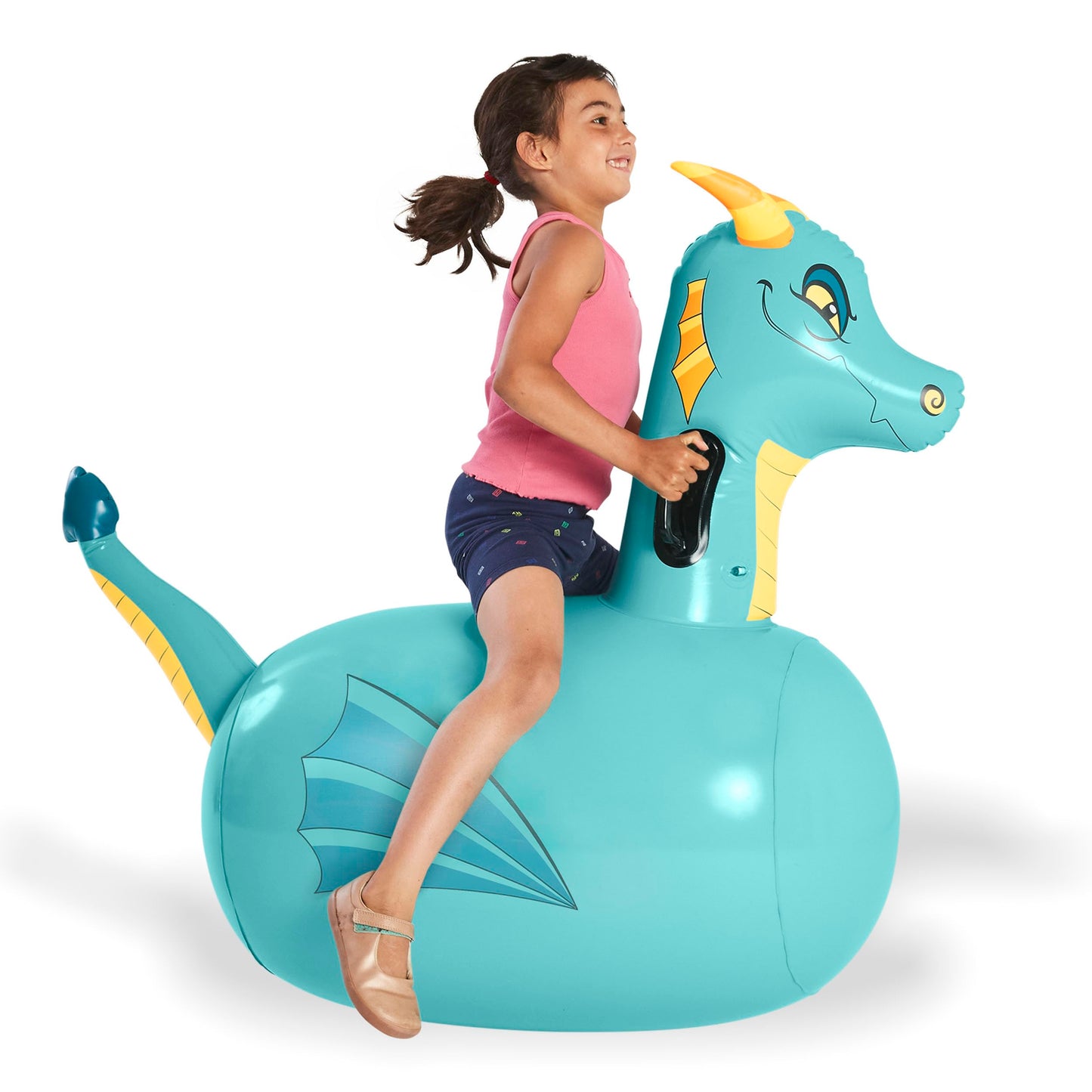 Inflatable blue dragon bouncy riding toy for kids, perfect for outdoor games and adventures
